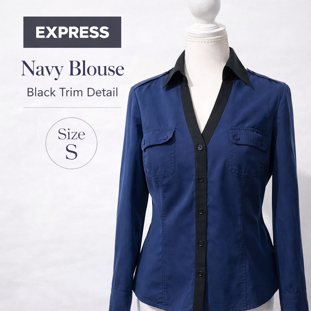 EXPRESS Navy Button Down Blouse Black Trim Stretch Shirt Size S